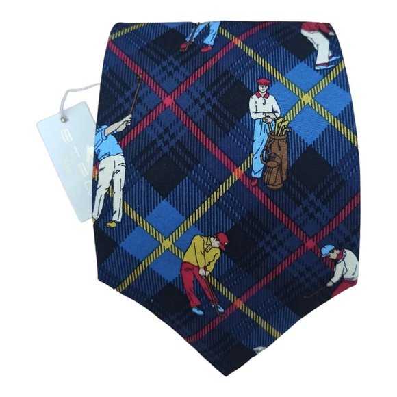 🆕ETRO MILANO Blue Plaids & Checks Golf Player Silk Tie ITALY 57